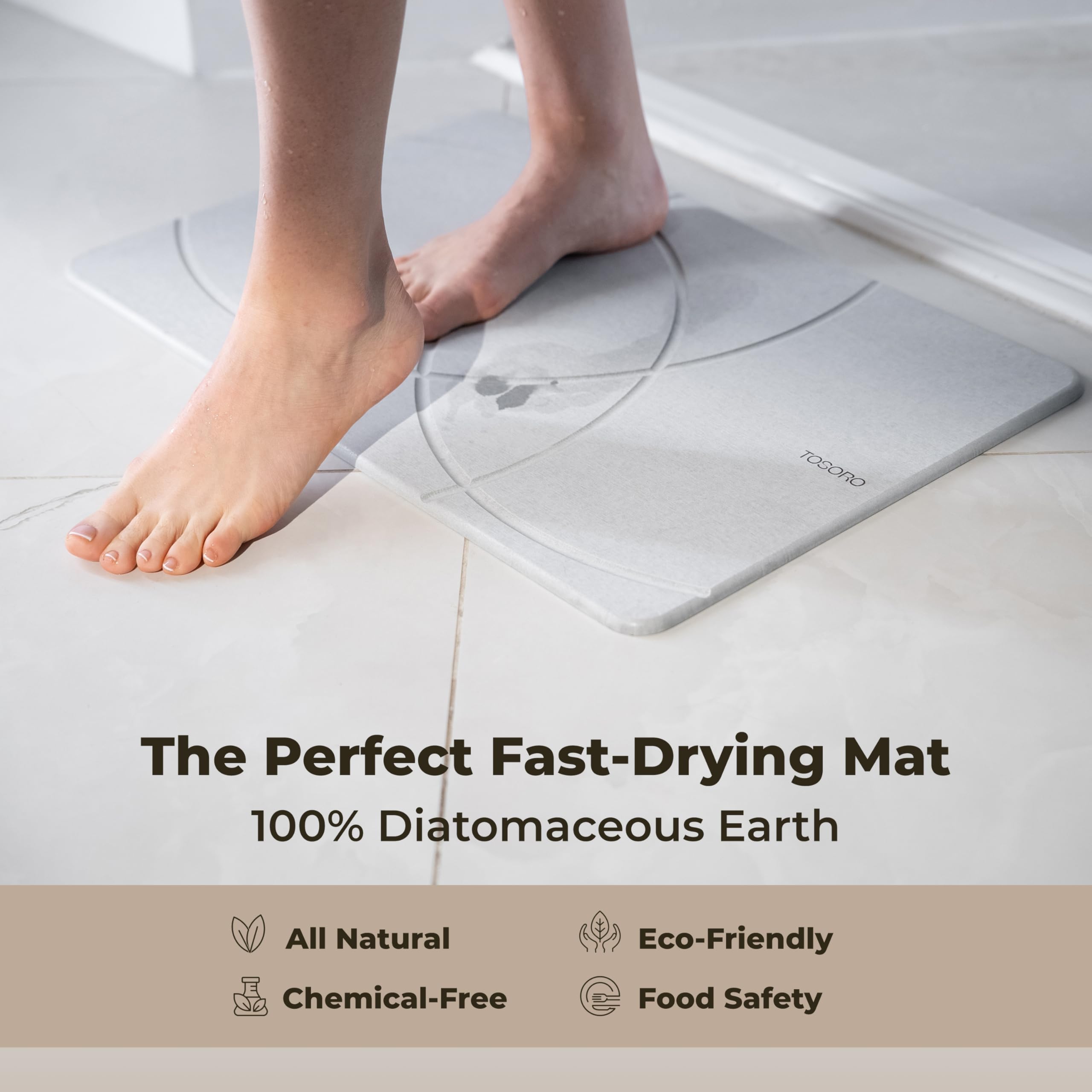TOSORO grey bath mat with anti-slip rubber layer enhances foot safety