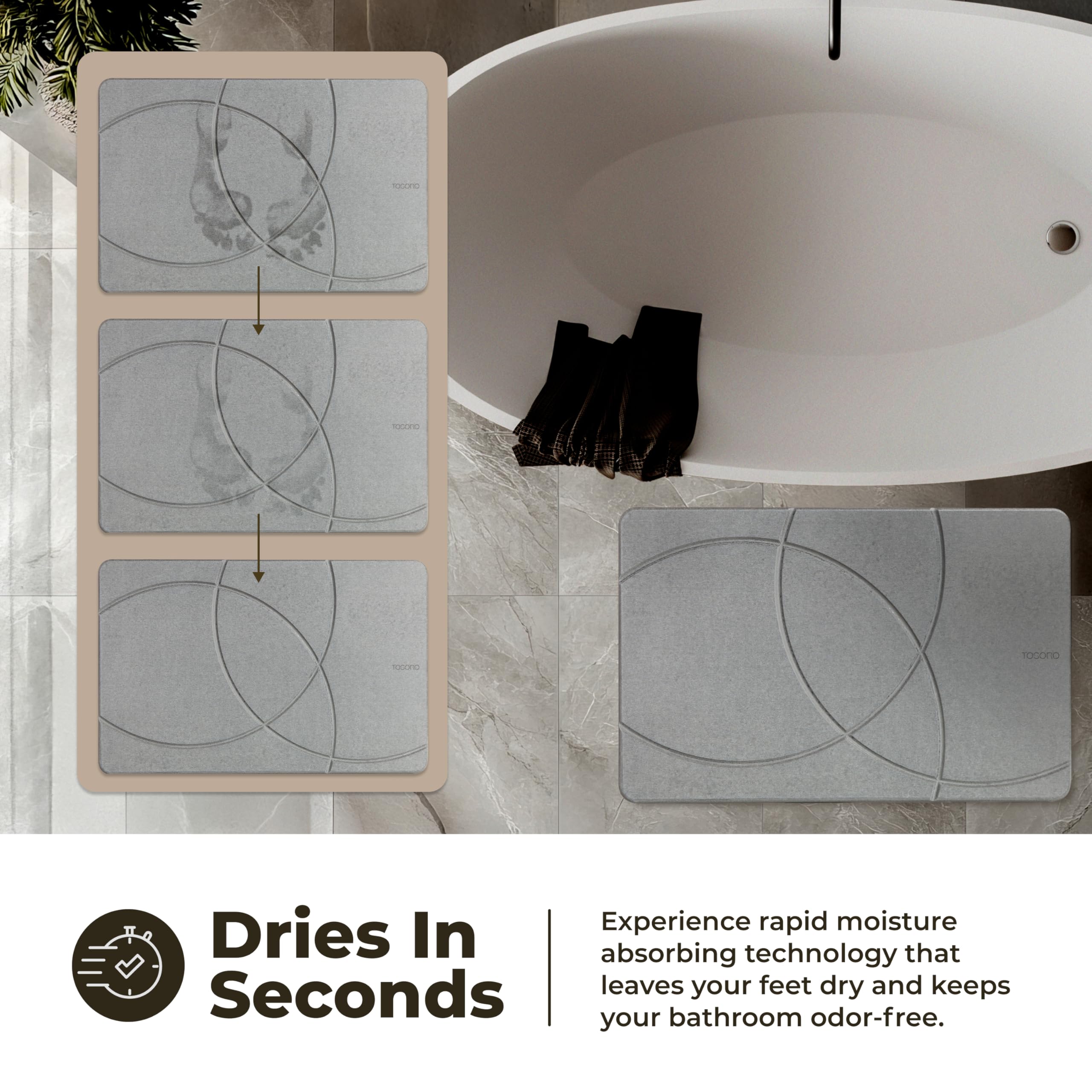 TOSORO Stone Bath Mat quick-drying action keeps bathroom floors dry.