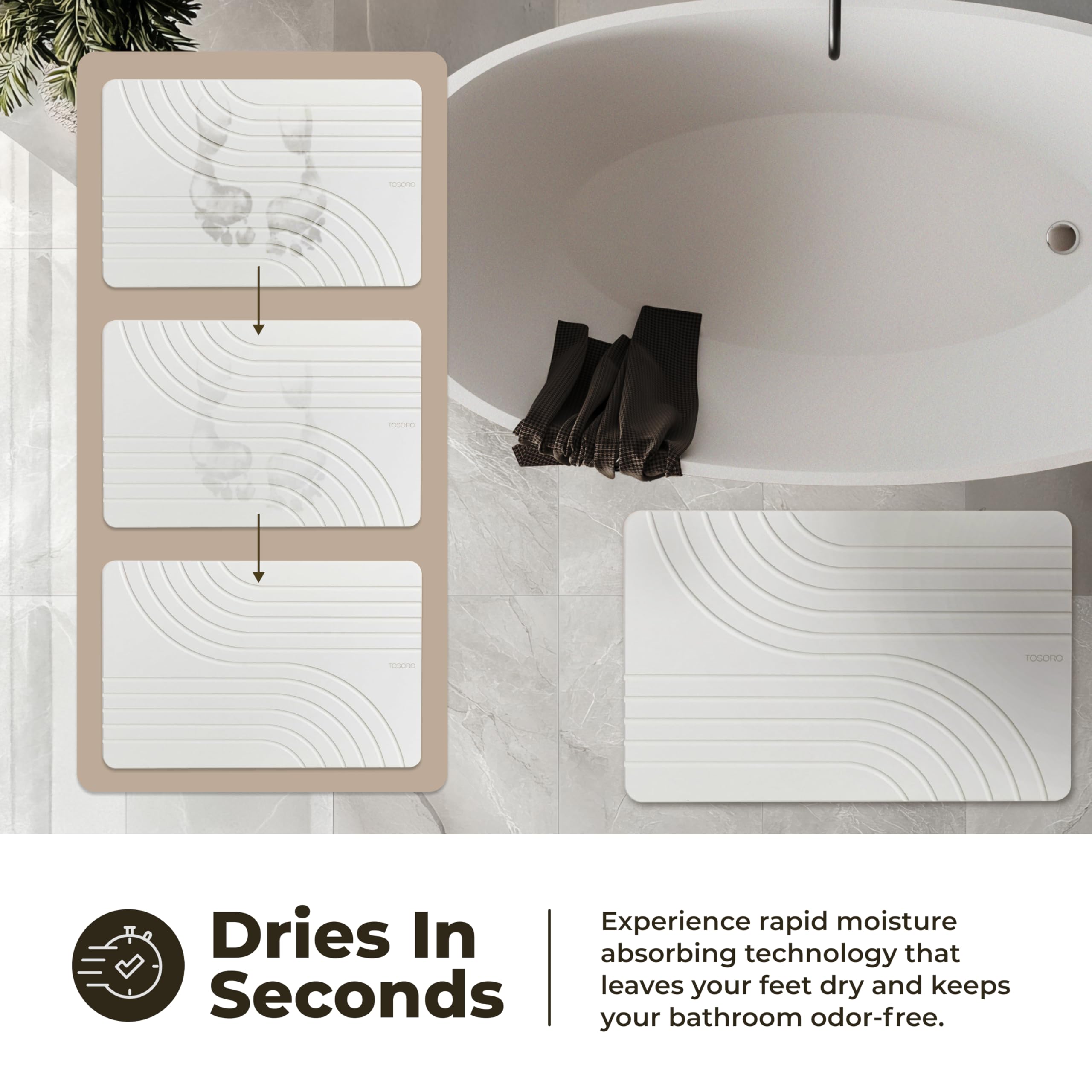 TOSORO sandstone two-pack bath mats for cohesive spa-style bathroom.