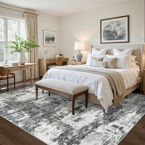 Tosuoka rug with anti-slip backing shown on hardwood, prevents shifting during daily use.