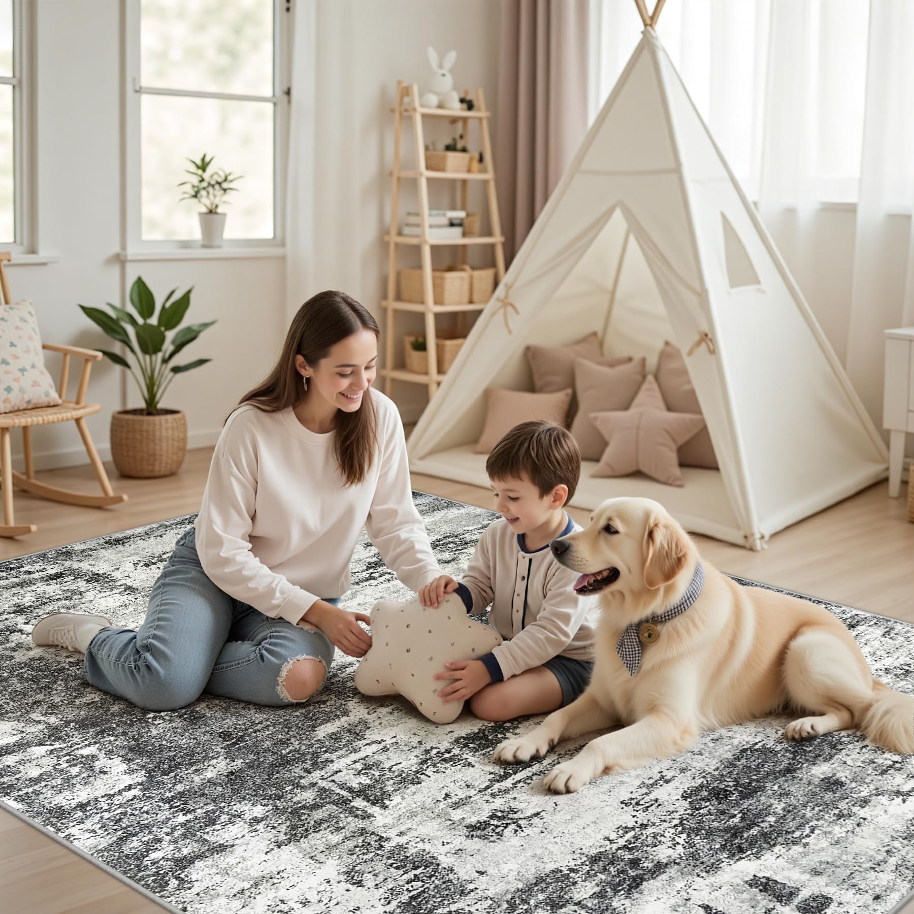Tosuoka high-traffic area rug in living room setting, durable edge and long-lasting color.