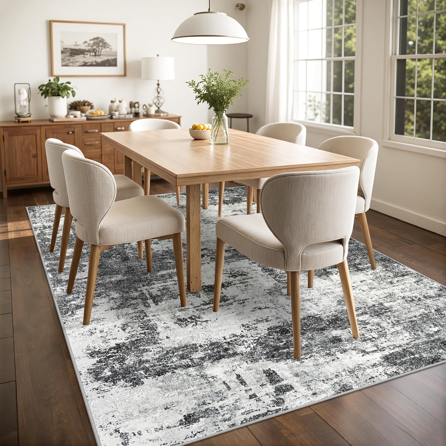 Tosuoka stain-resistant rug in dining space, quick wipe for spills.