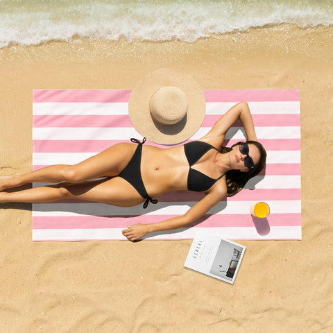 Touchat pink stripe towel displayed from multiple angles, quick-dry microfiber performance
