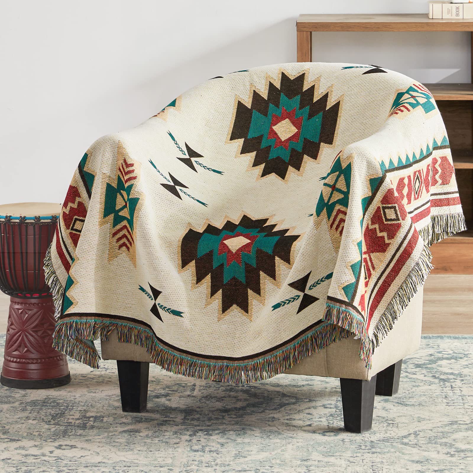 Touchat beige blanket with geometric pattern enhances living room style