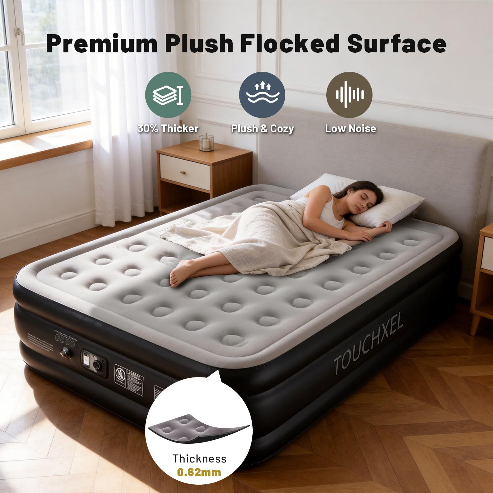TOUCHXEL queen airbed showing 3-minute inflation for guests.