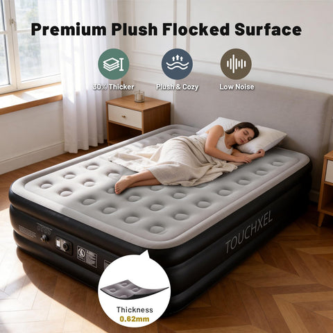 TOUCHXEL queen airbed showing 3-minute inflation for guests.