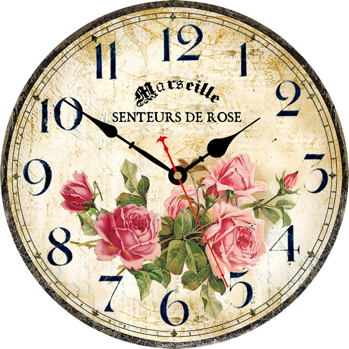 Toudorp Home Clock front view with rose pattern adds decorative charm and legible time