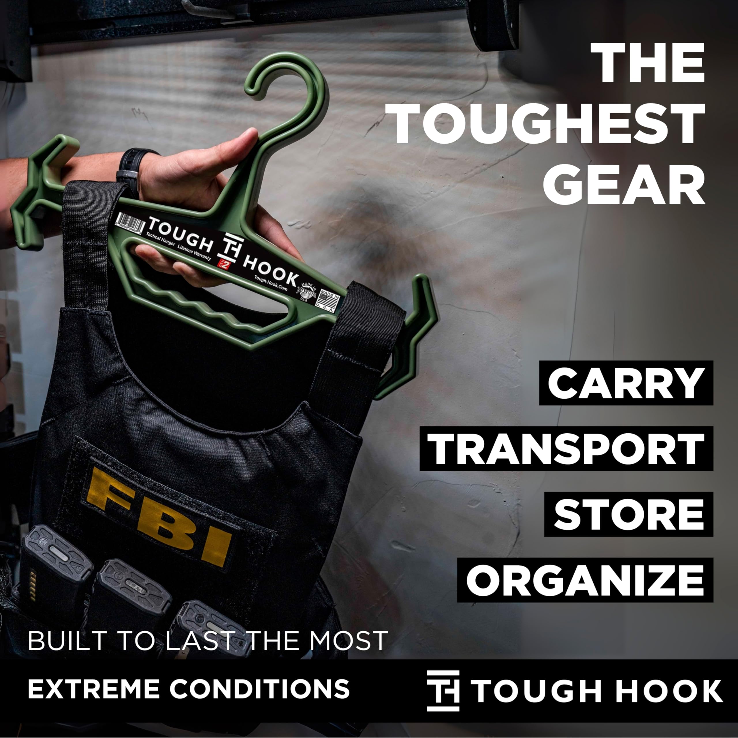 Tough Hook on body armor or scuba gear keeps items organized.