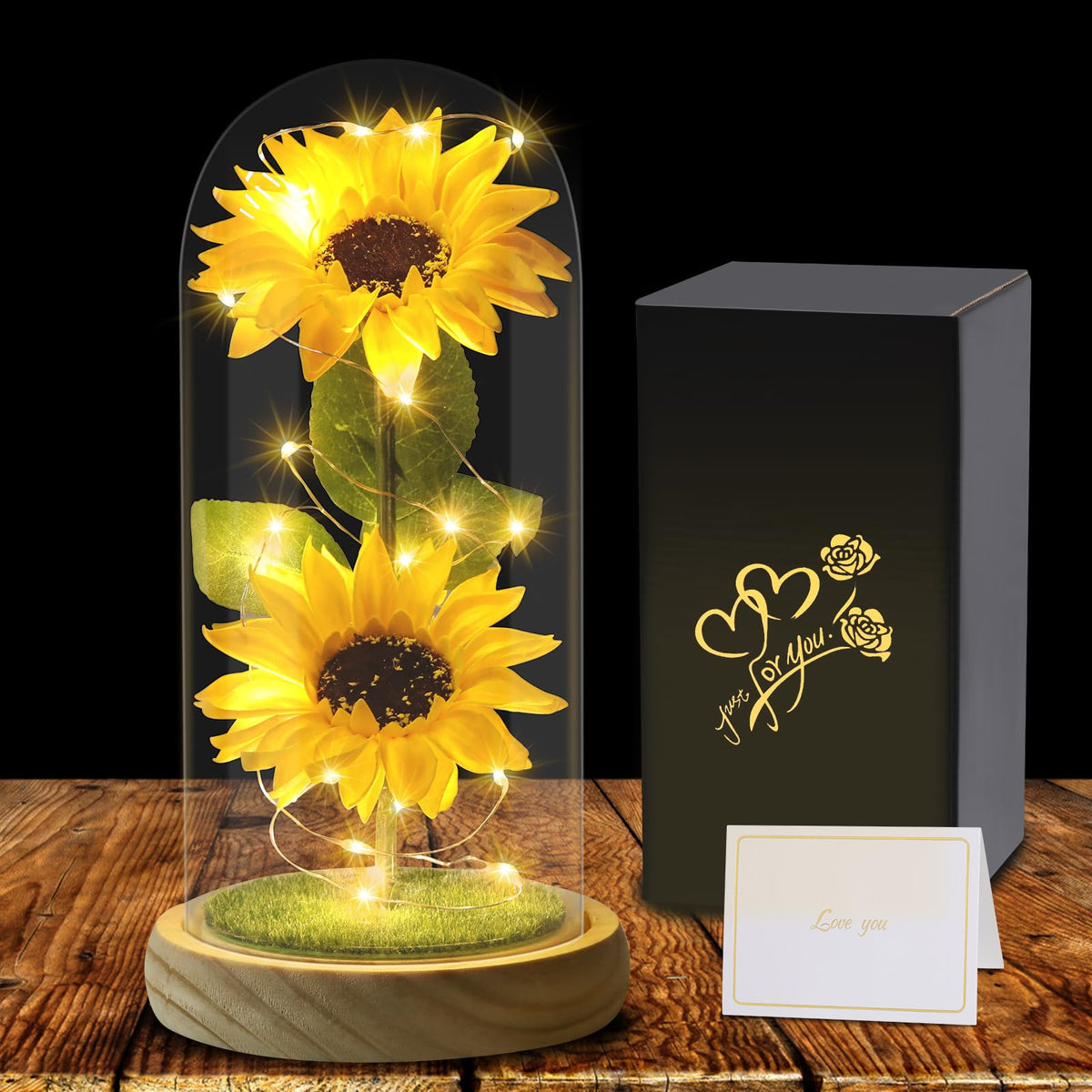 Touloube Enchanted Sunflower Lamp under glass dome highlights enduring bloom for home décor