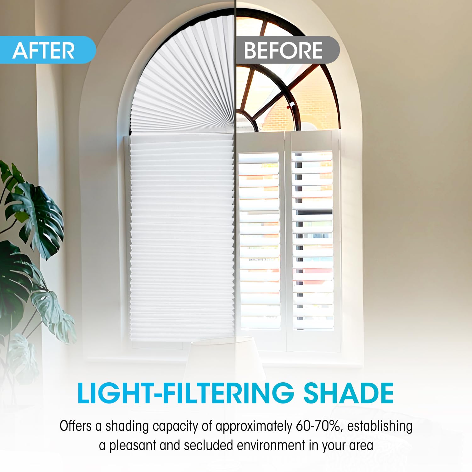 Touri pleated arch window shade for semi-circle windows softens light and increases privacy.