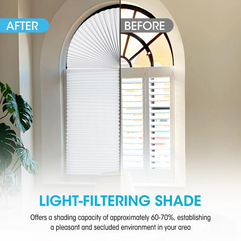 Touri pleated arch window shade for semi-circle windows softens light and increases privacy.