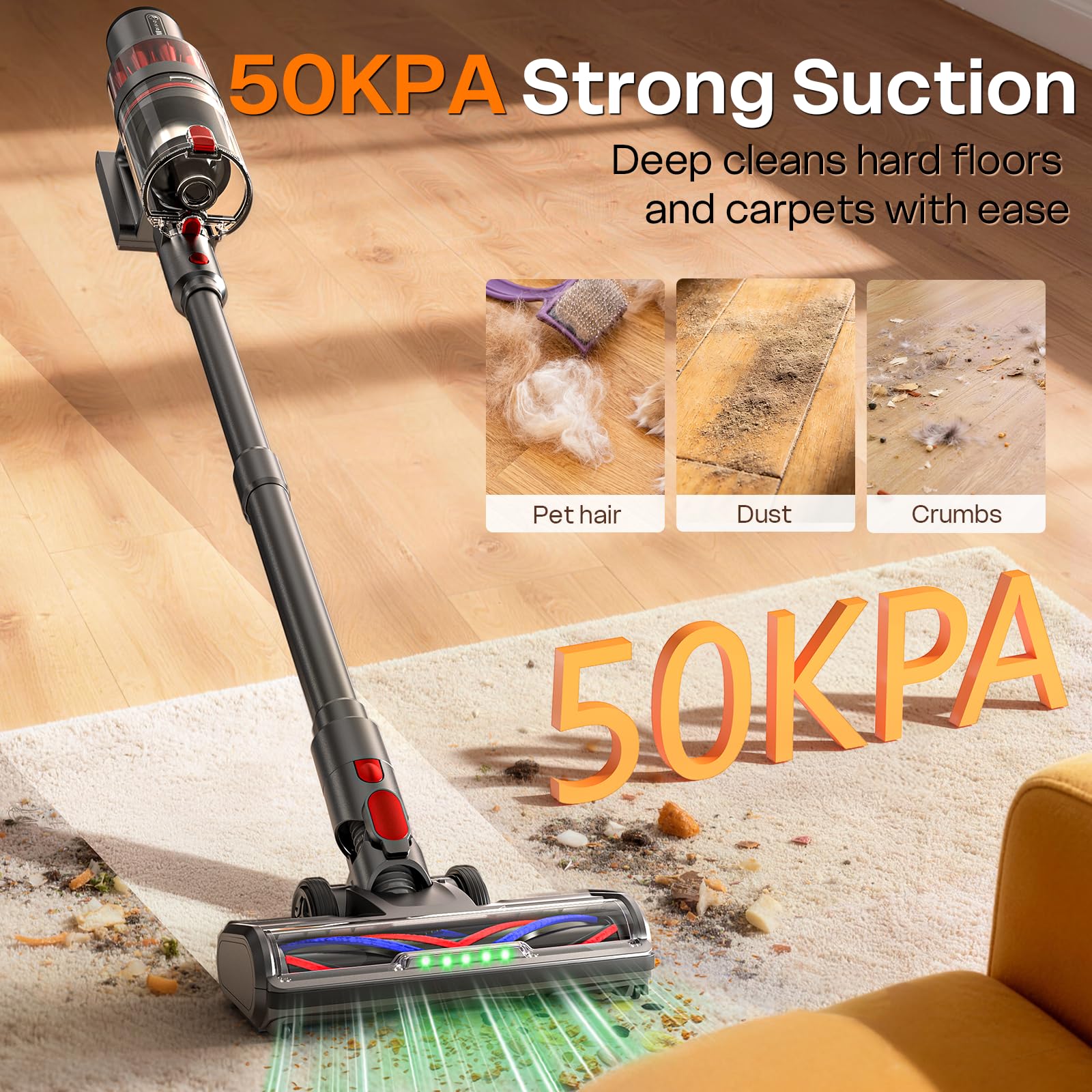 ToyMade cordless vacuum 50KPa suction captures deep dirt on carpets and tiles