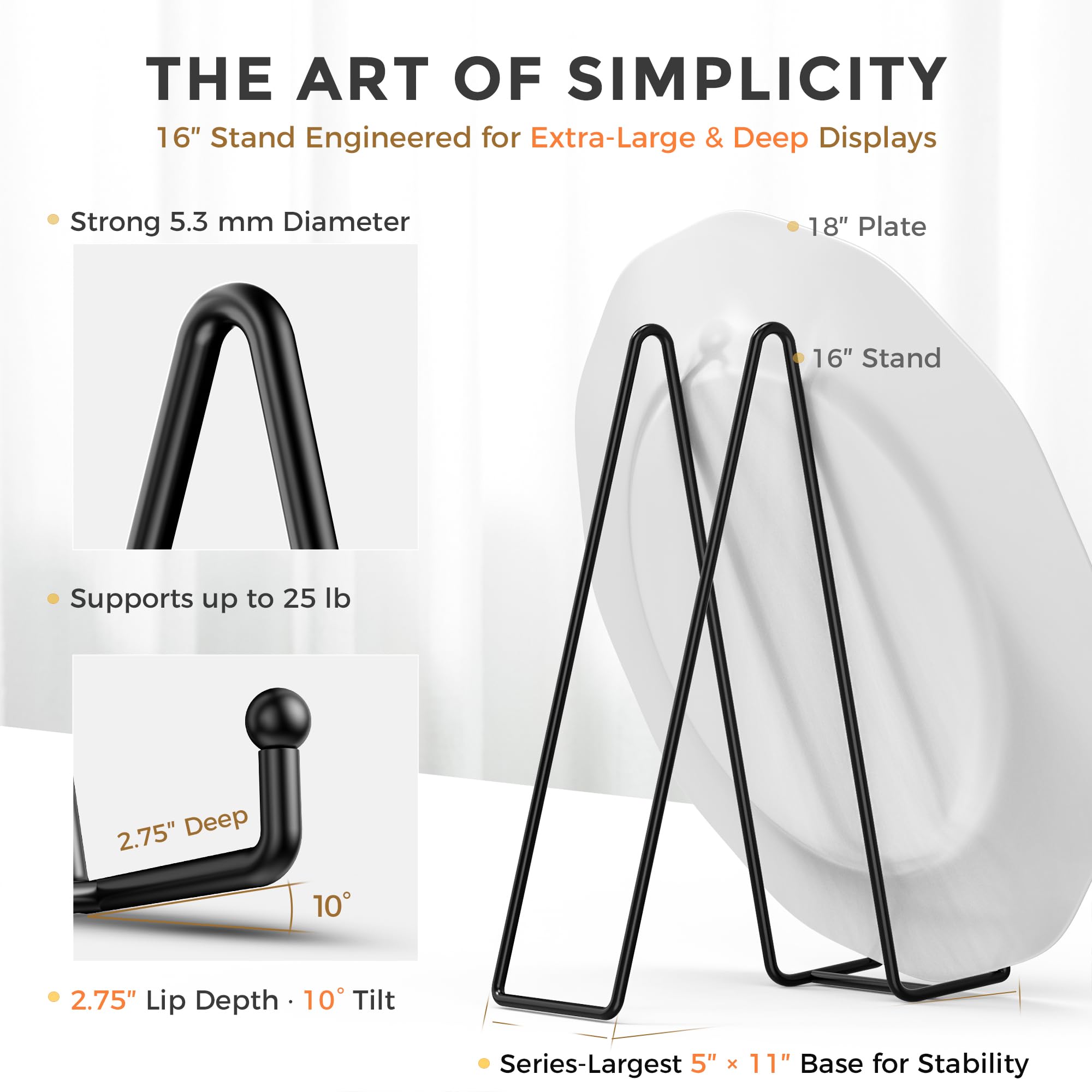 TR-LIFE heavy-duty plate stand side view shows sturdy metal construction.
