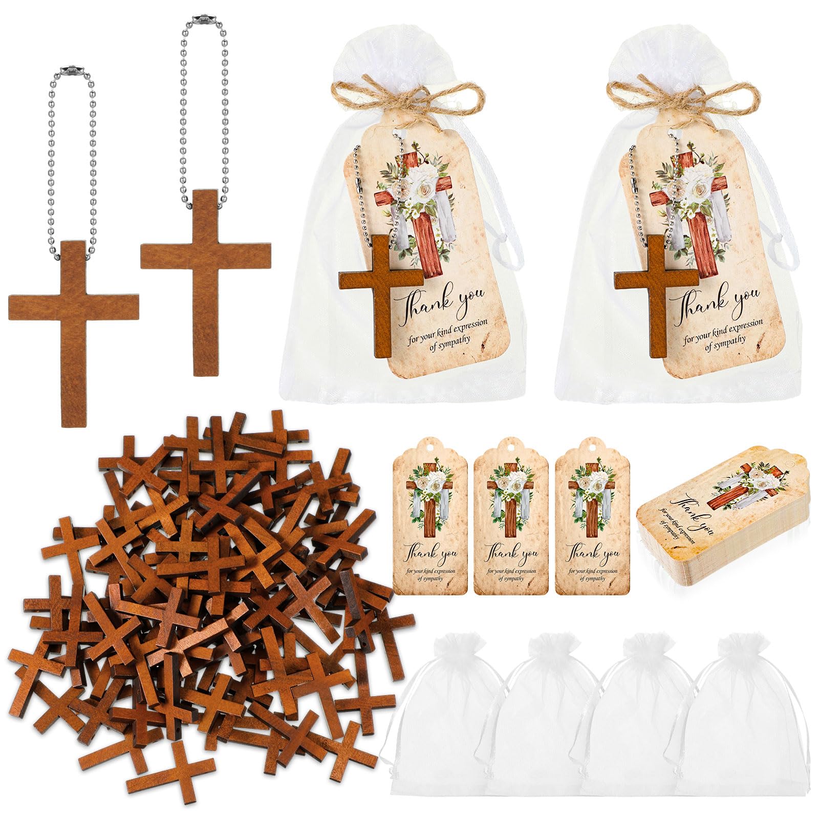 Tradder cross keychain with wood finish, a compact memorial keepsake for guests.