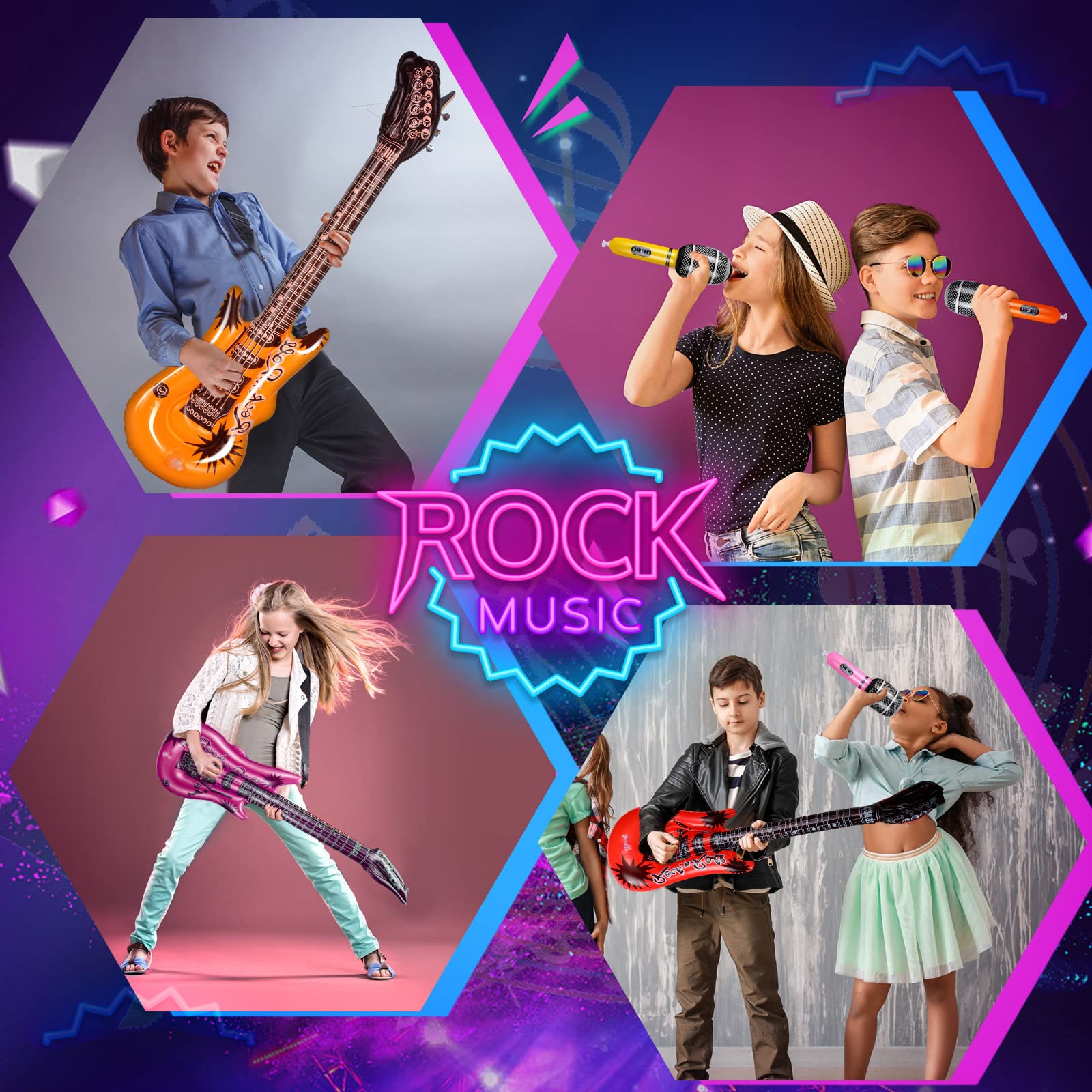 Tradder party decor set combines guitars and microphones for 80s/90s themed celebrations.