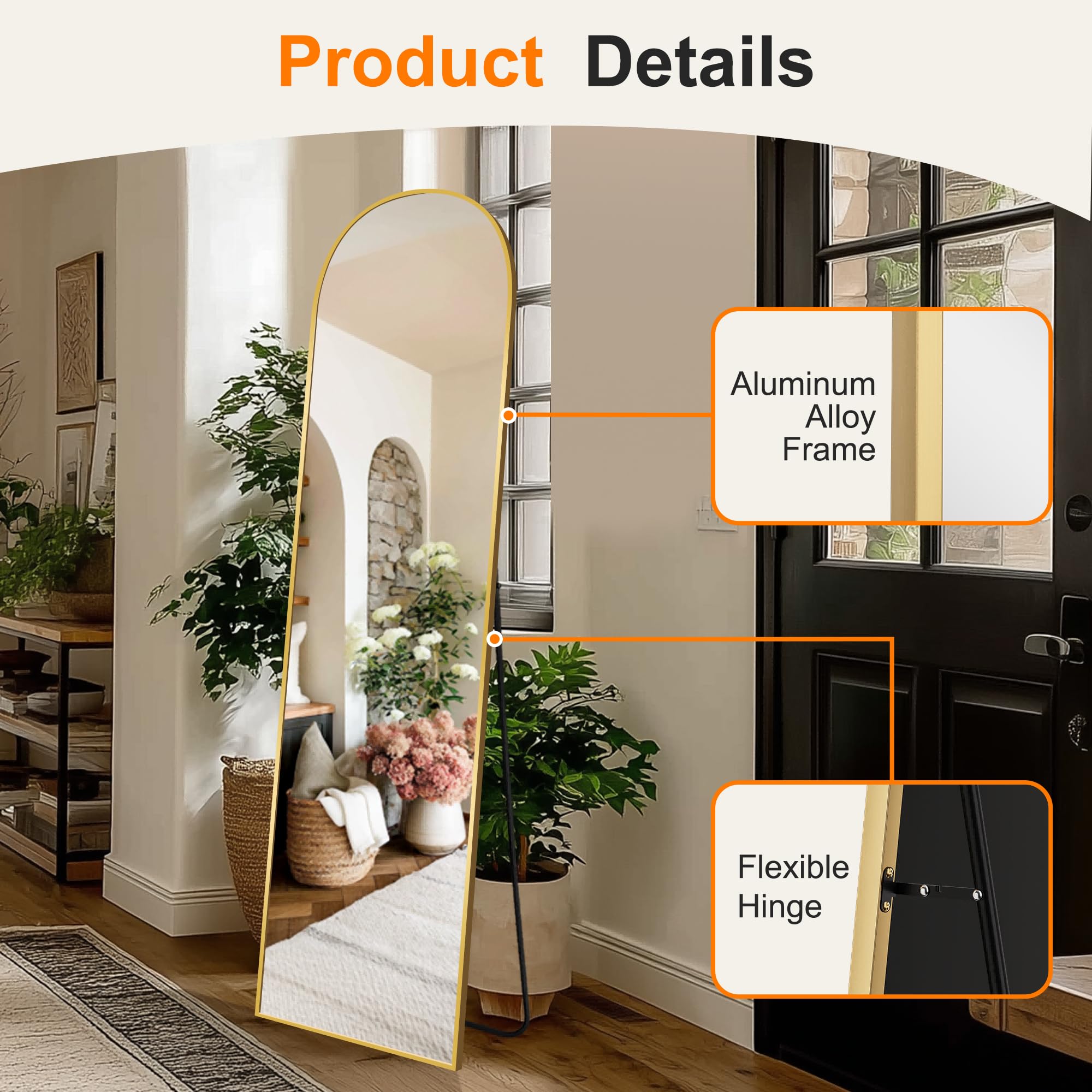 TRAHOME arched mirror floor-lean option fits any living space.