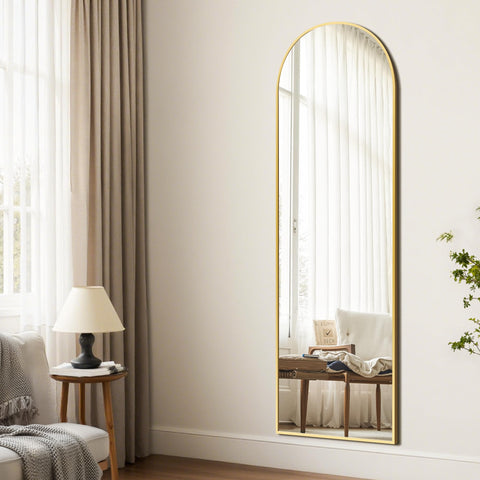TRAHOME arched mirror aluminum frame close-up highlights durable gold finish.