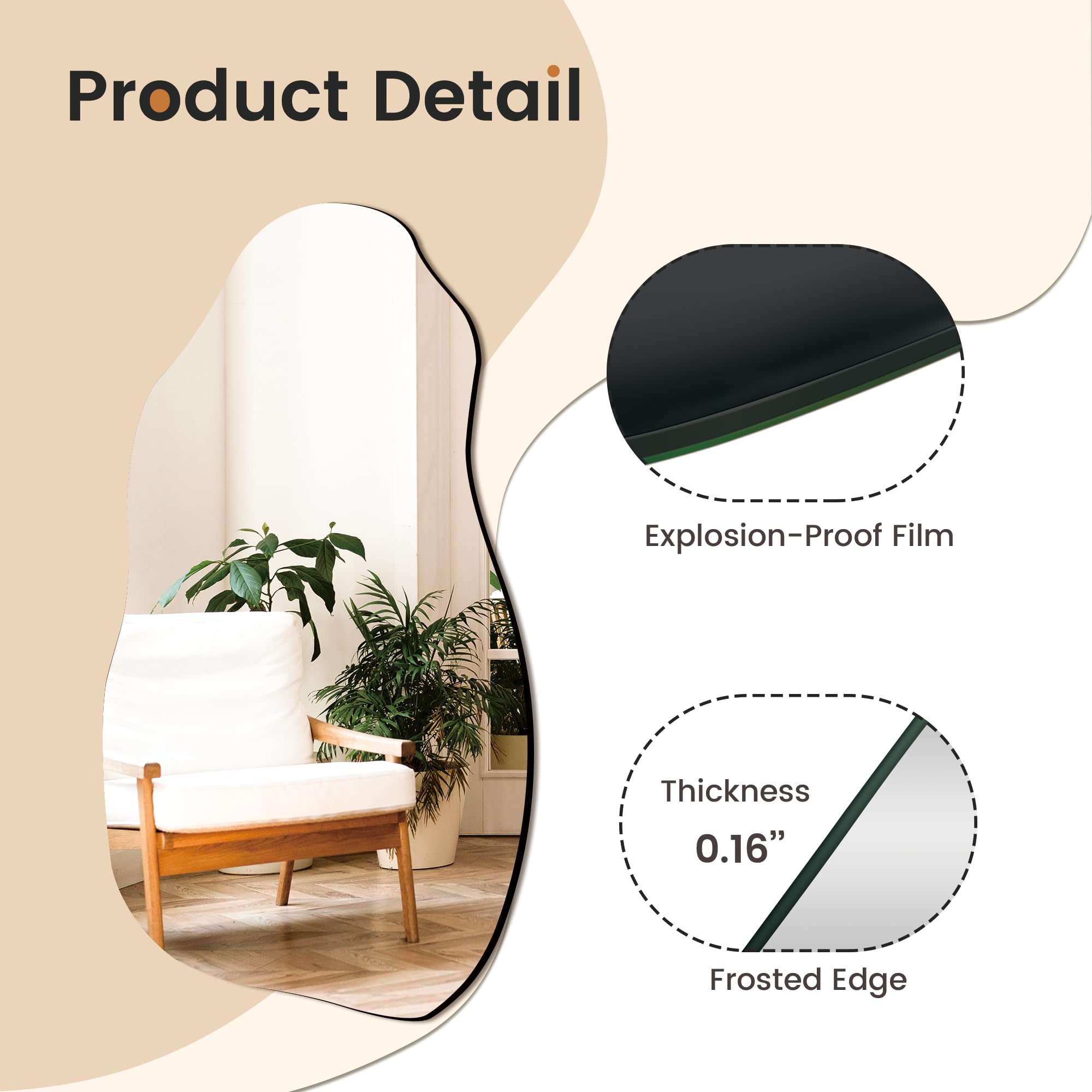 TRAHOME irregular mirror with four hooks enables easy two-way hanging options.