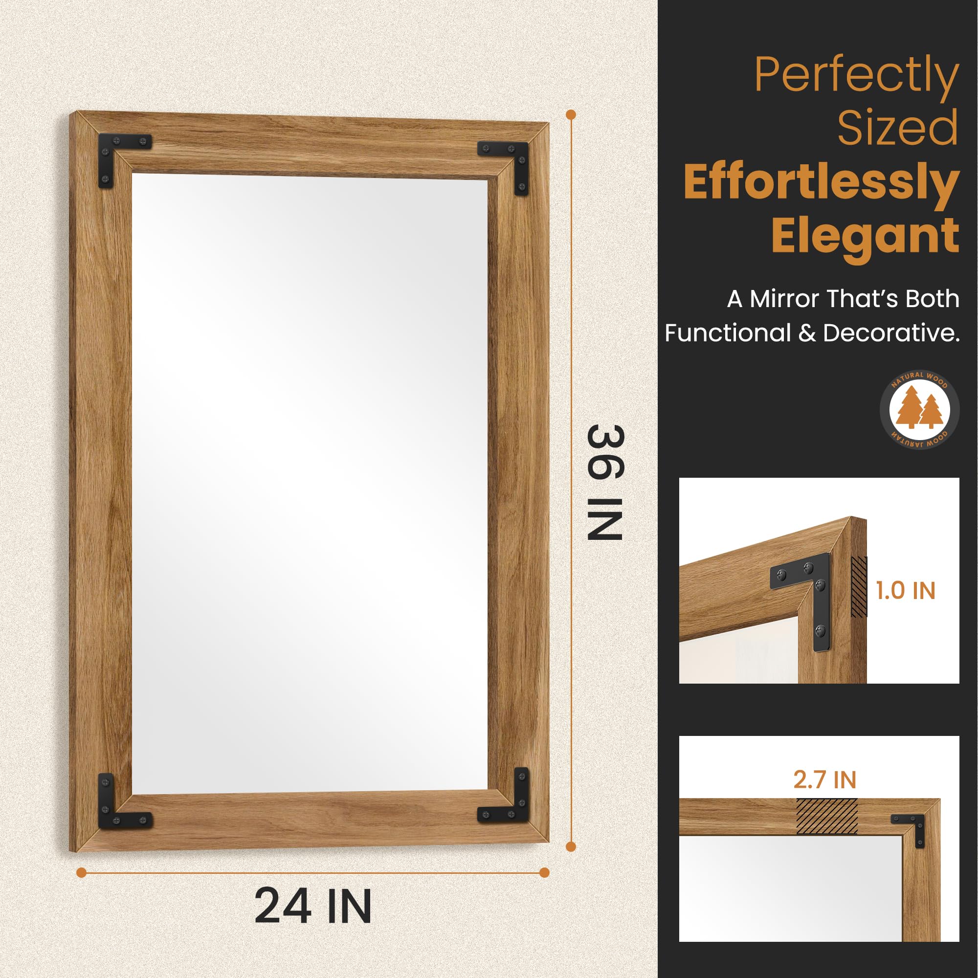 TRAHOME wall mirror with four hooks for vertical or horizontal hanging
