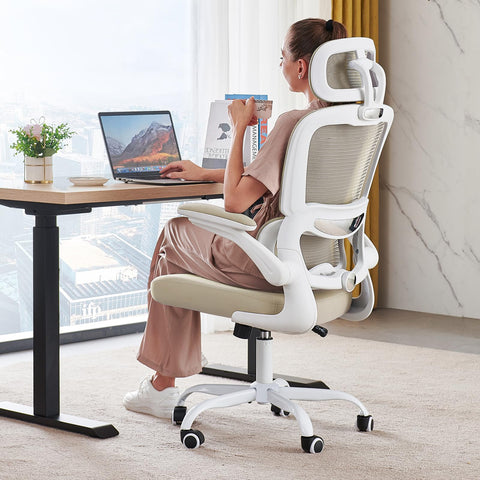 TRALT office chair with ergonomic headrest for neck support during long work sessions.