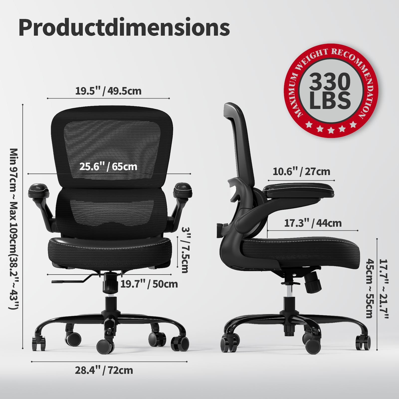 TRALT office chair wide seat highlighting 20in width for comfort.