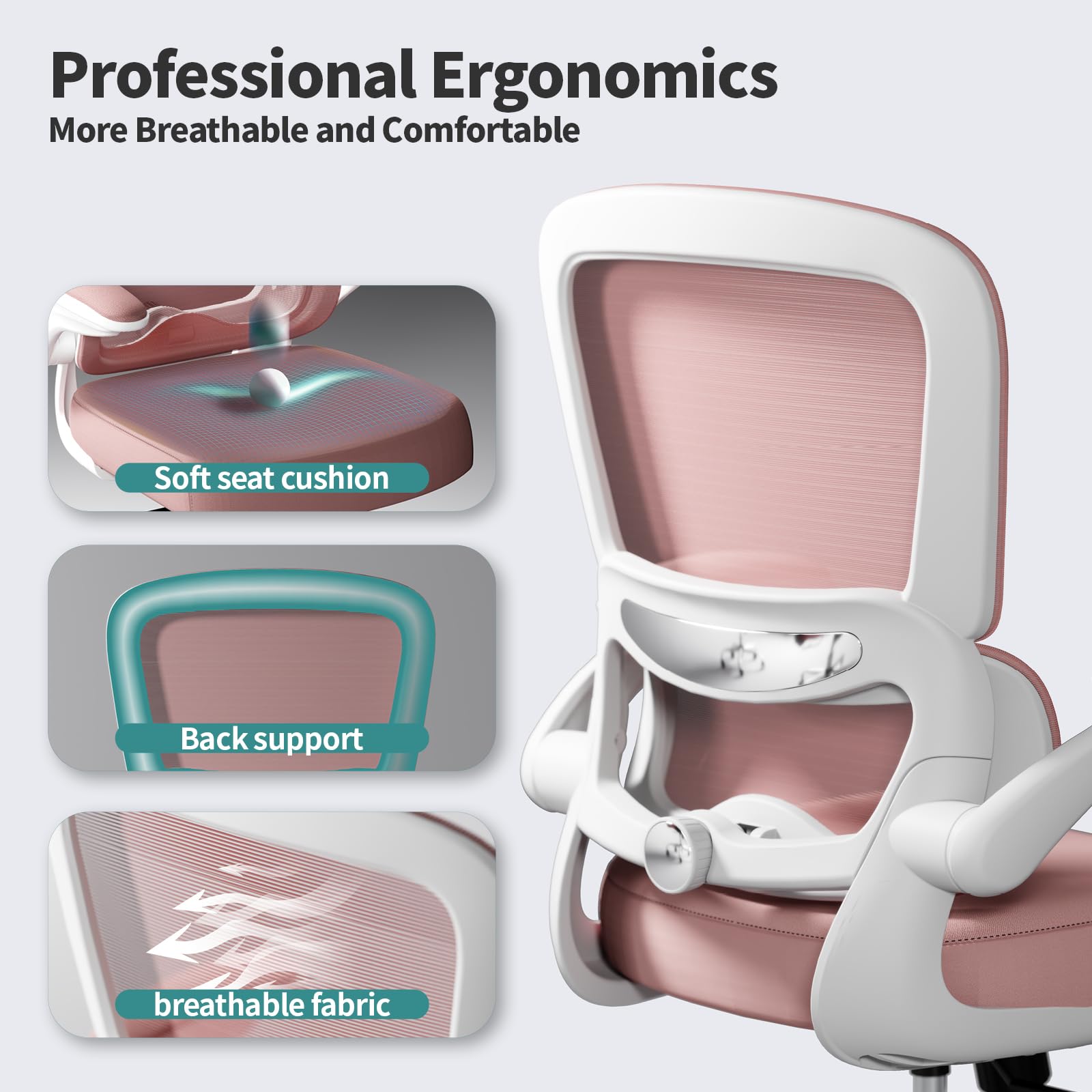 TRALT pink-office-chair-tilt-recline demonstrates customizable backrest for focused work