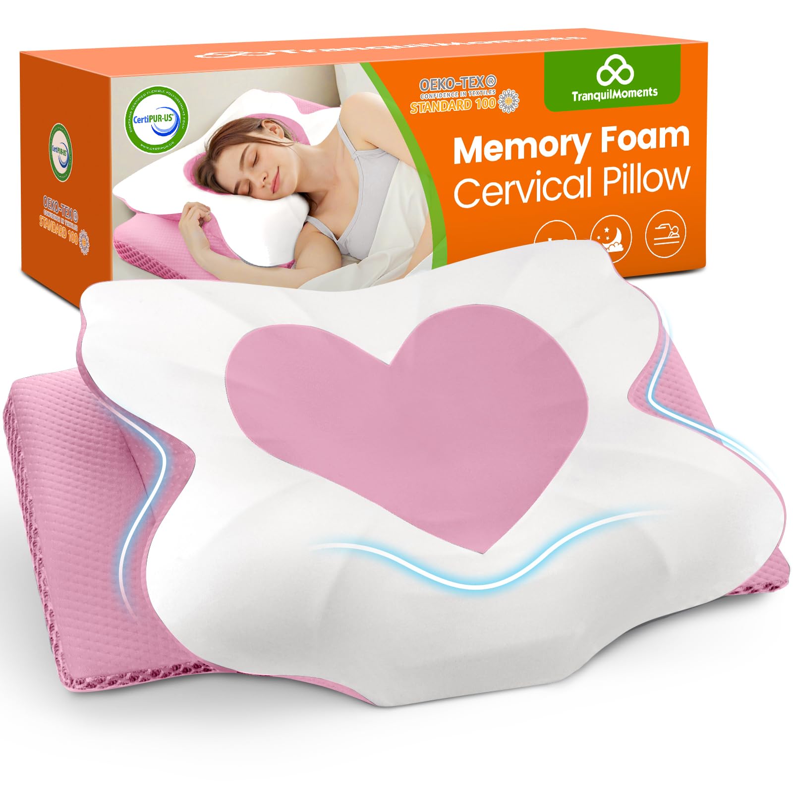 TranquilMoments cervical neck pillow with contoured center hollow supports neck alignment.