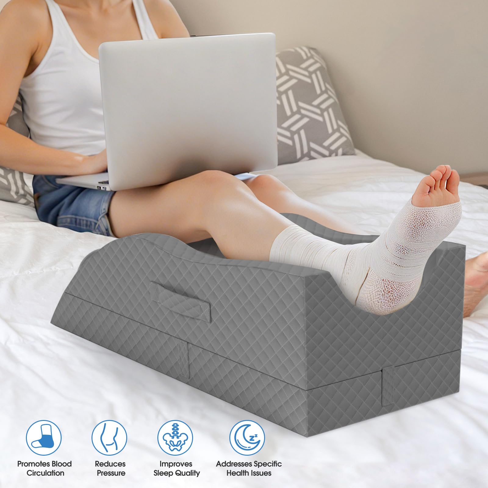 TranquilRelax Elevation Pillow on sofa for relaxed leg elevation after a long day.