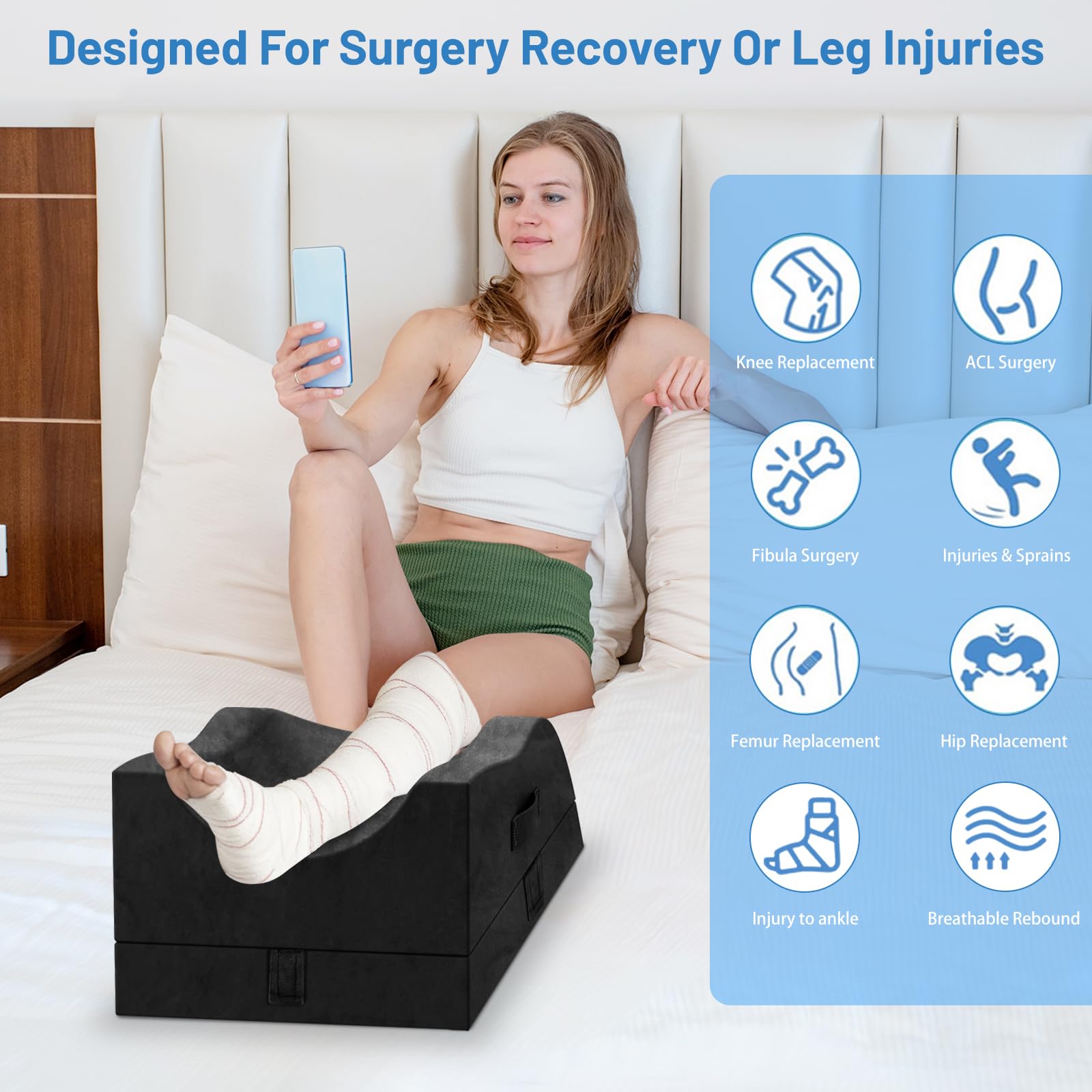 TranquilRelax leg elevation pillow with front and side handles for easy positioning.
