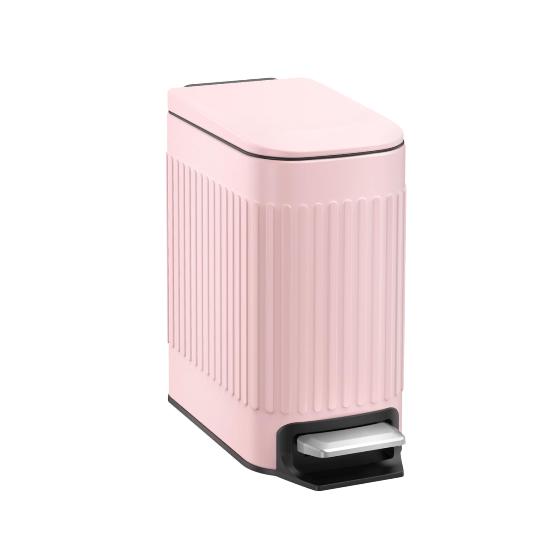 TrashAid pink trash can front view highlighting compact, space-saving design.