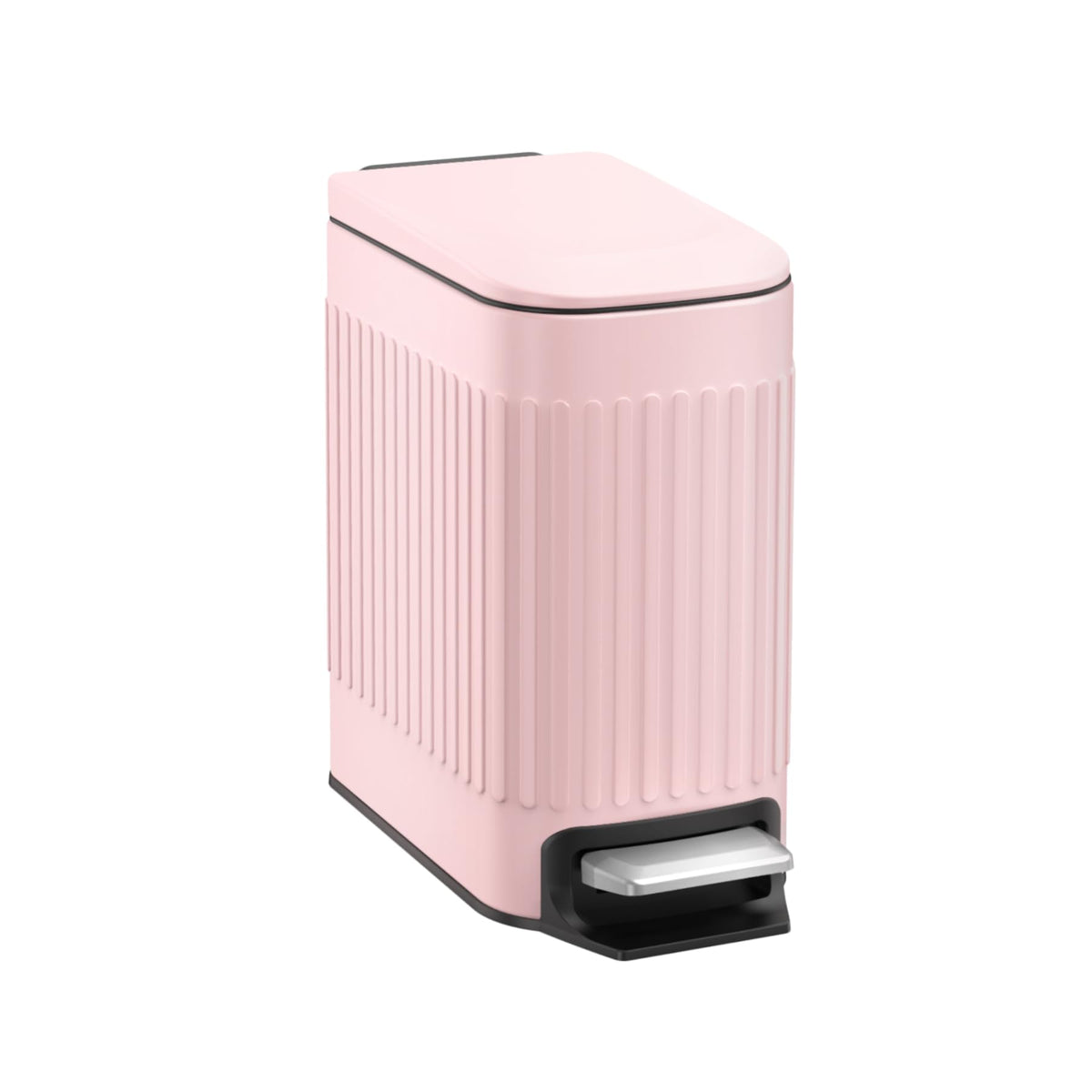 TrashAid pink trash can front view highlighting compact, space-saving design.