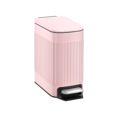 TrashAid pink trash can front view highlighting compact, space-saving design.