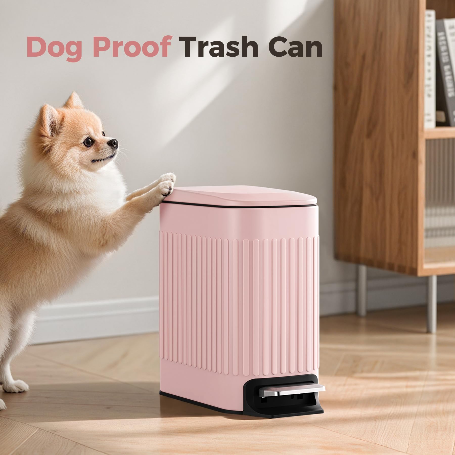 TrashAid pink trash can in bathroom complements decor and conceals waste.