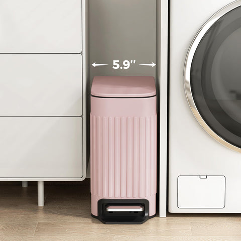 TrashAid pink trash can side view highlighting slim profile for tight corners.