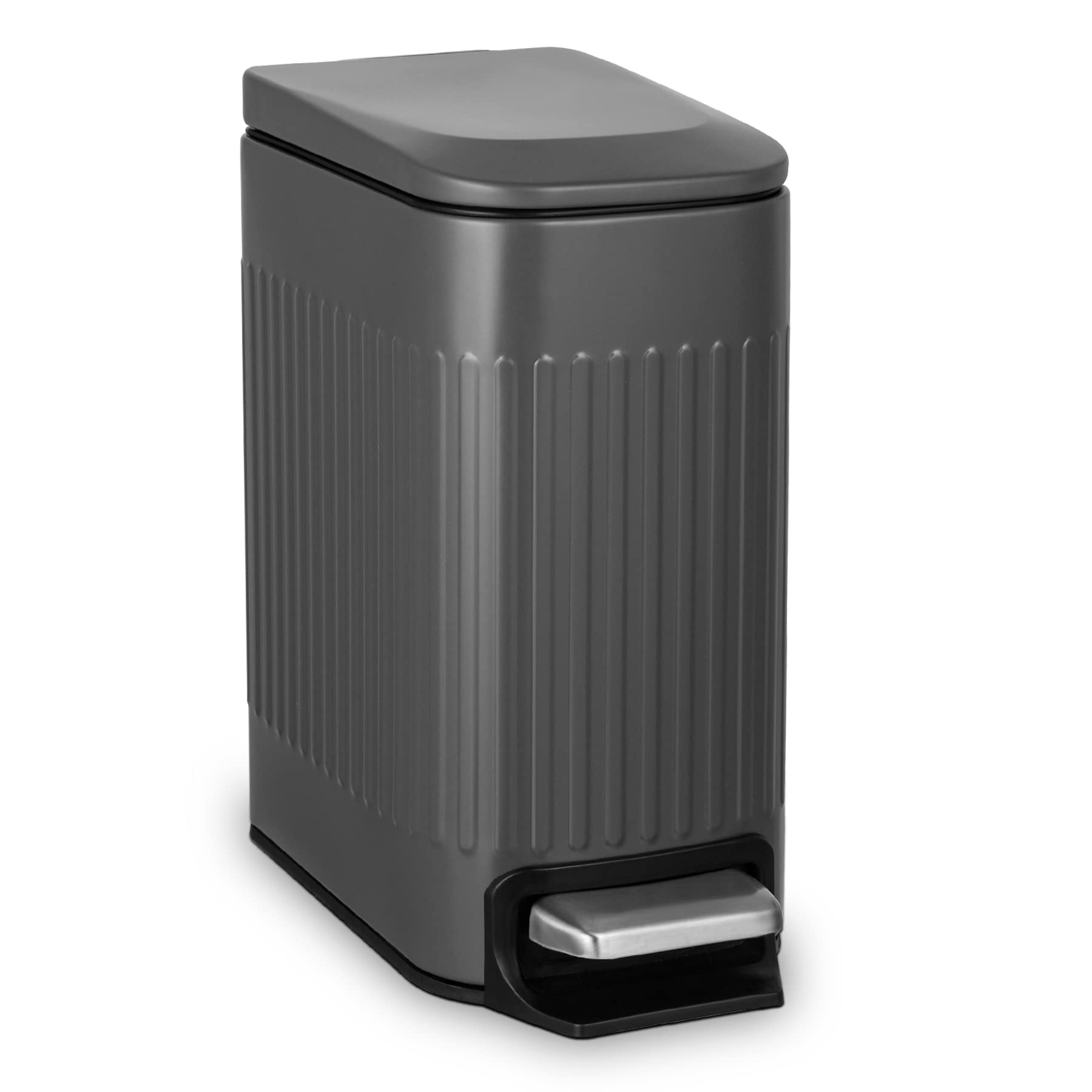 TrashAid embossed metal finish trash can enhances decor while keeping waste tidy.
