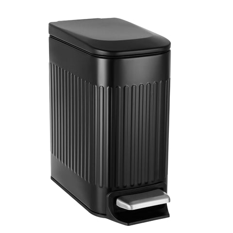 TrashAid small black trash can with lid in embossed stainless steel finish for bathrooms.