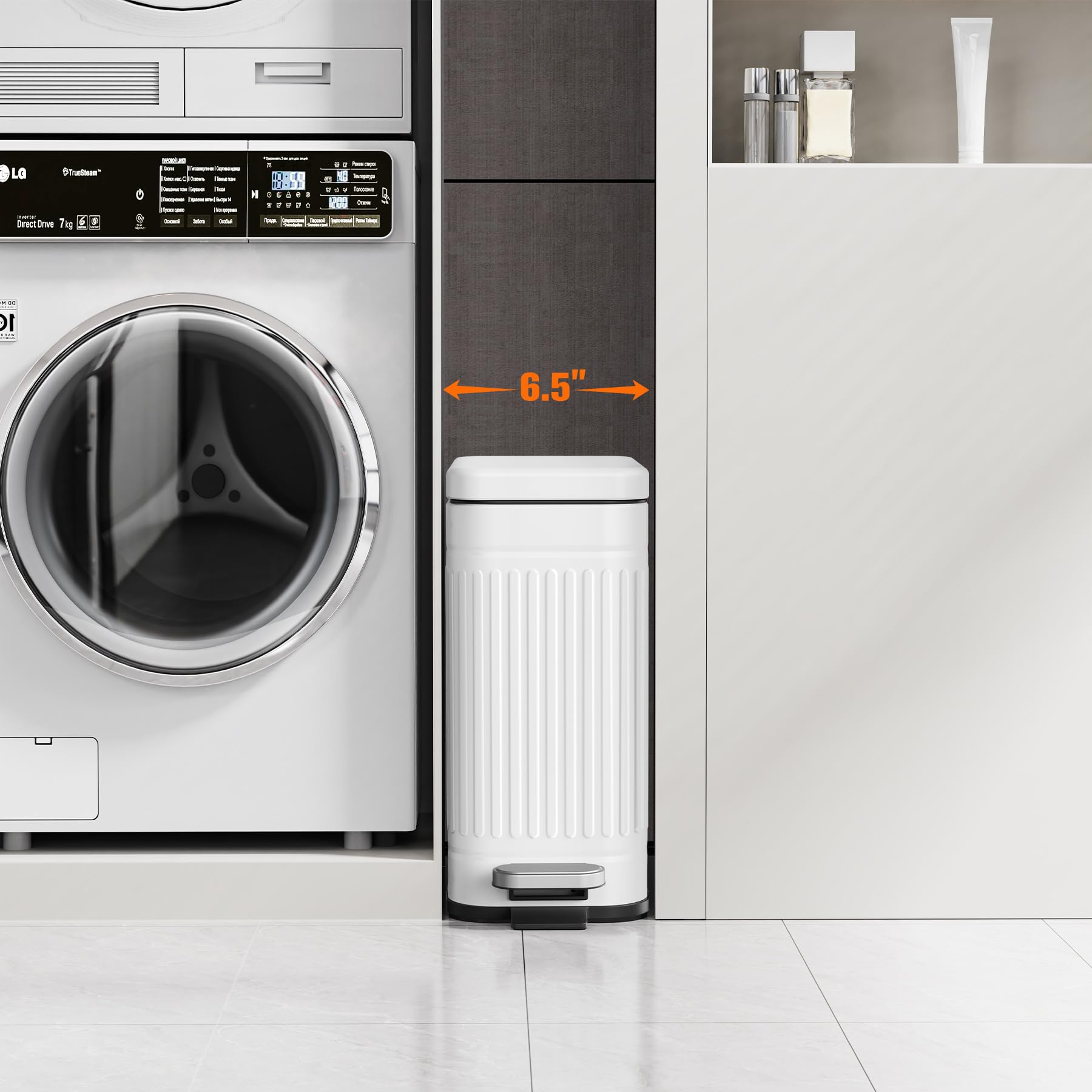 Compact TrashAid small trash can fits tight spaces in bathrooms and bedrooms.