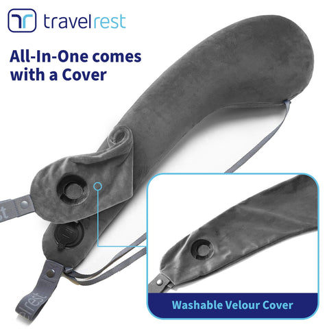 TRAVELREST airplane pillow provides long-flight comfort with inflatable support and stable headrest.