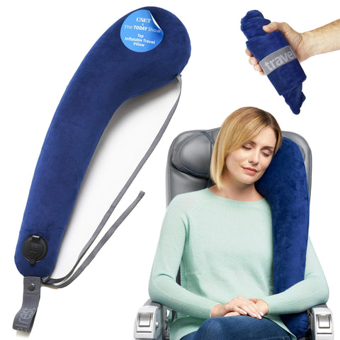 Travelrest All-in-One neck pillow on airplane seat provides neck and head support.