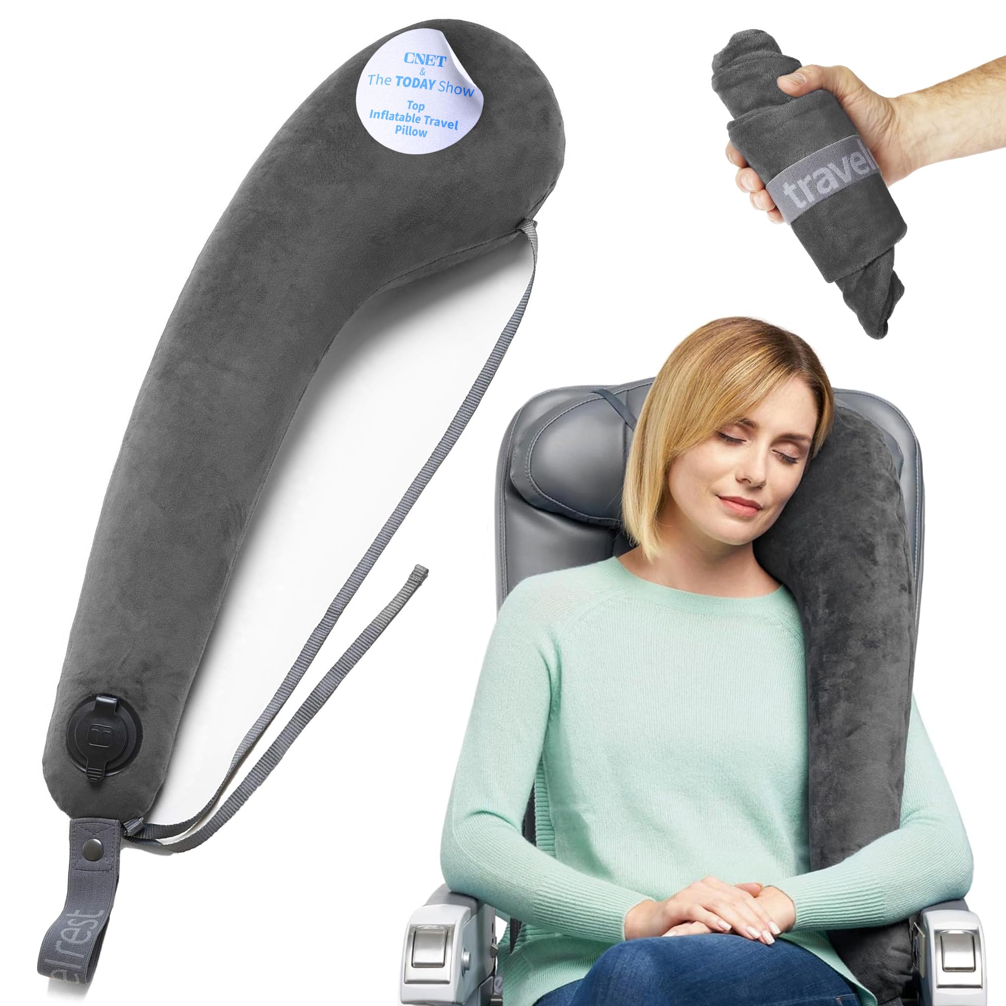 TRAVELREST All-in-One neck support and body pillow offers versatile neck and body comfort on flights.