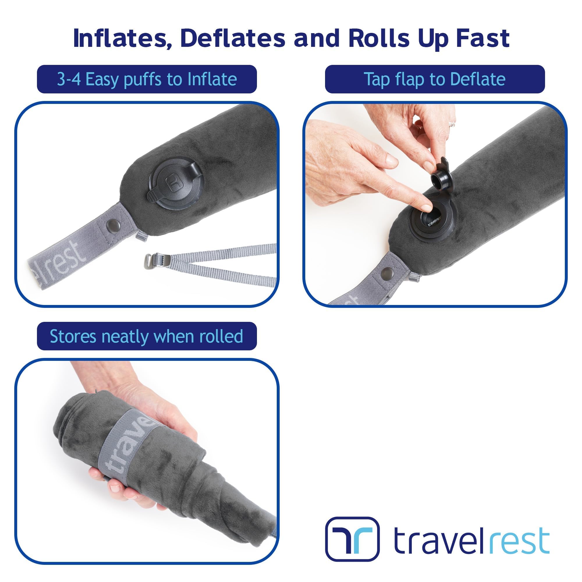 TRAVELREST ergonomic travel pillow supports neck and upper back on trains, planes, and drives.