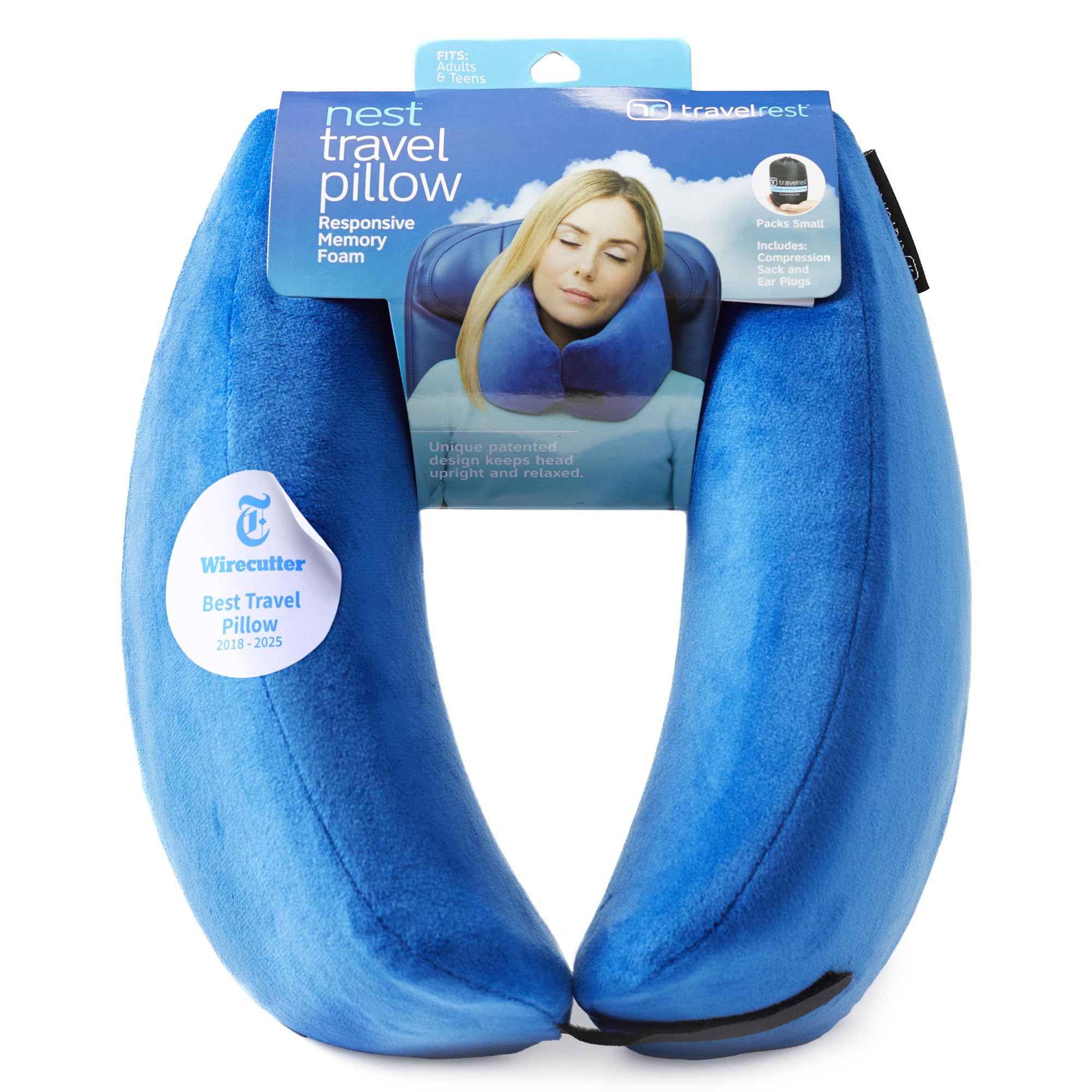 Travelrest Nest blue neck pillow in use for plane neck support