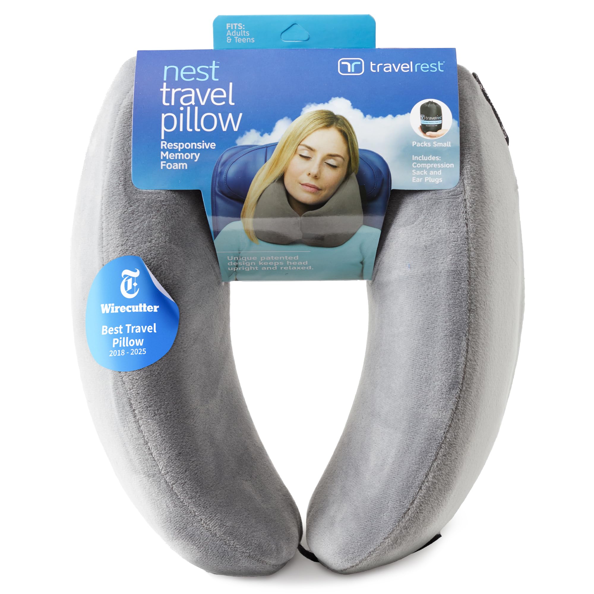 TRAVELREST Nest Neck Support Pillow features an angled back design for stable neck alignment during flights.