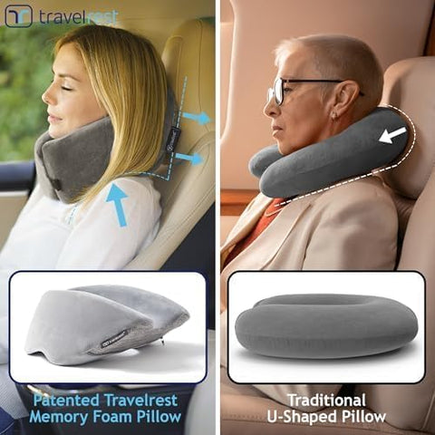 TRAVELREST Nest Neck Support Pillow includes Velcro sack and earplugs.