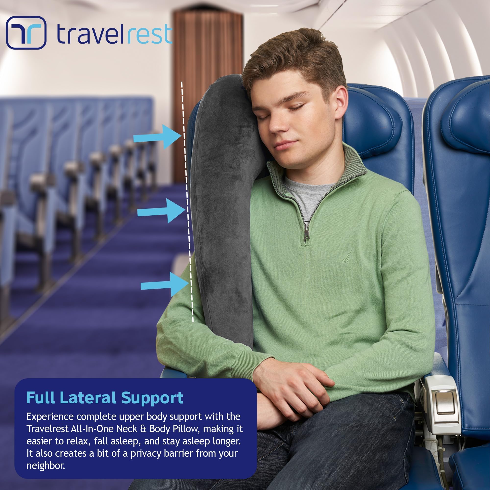 TRAVELREST soft-grey travel pillow blends with any cabin or seat for comfort.
