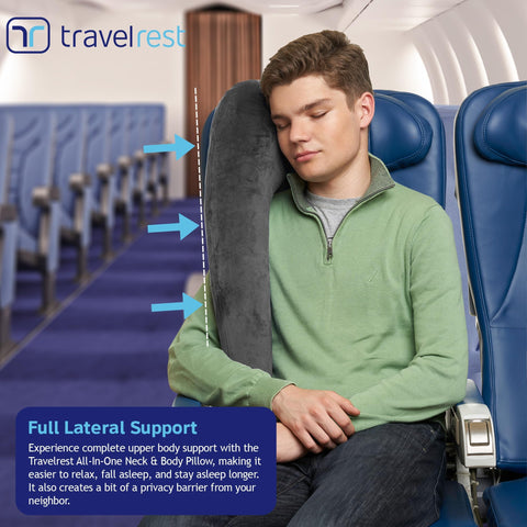 TRAVELREST soft-grey travel pillow blends with any cabin or seat for comfort.