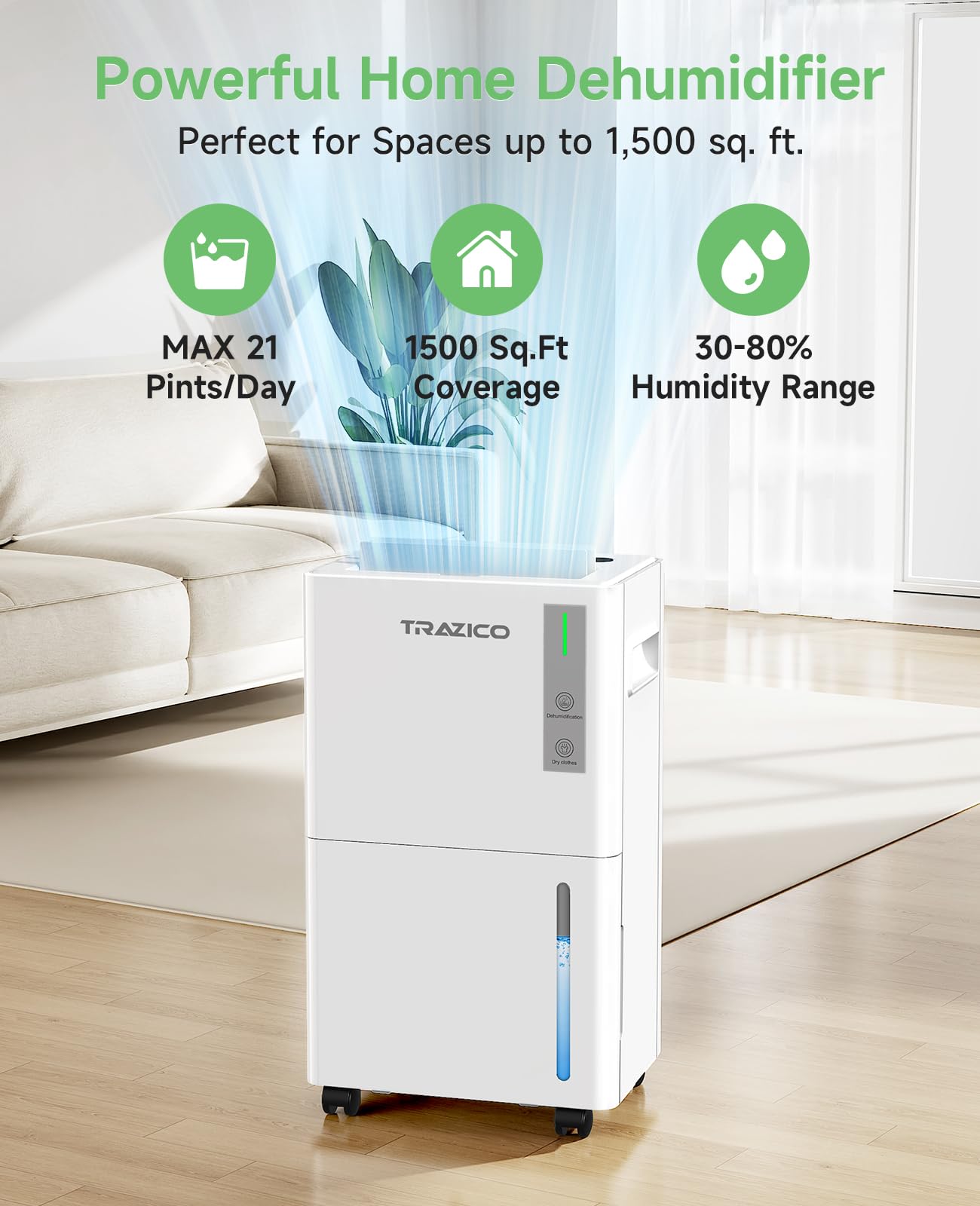 Trazico 21 pint dehumidifier in use reducing moisture in a damp basement