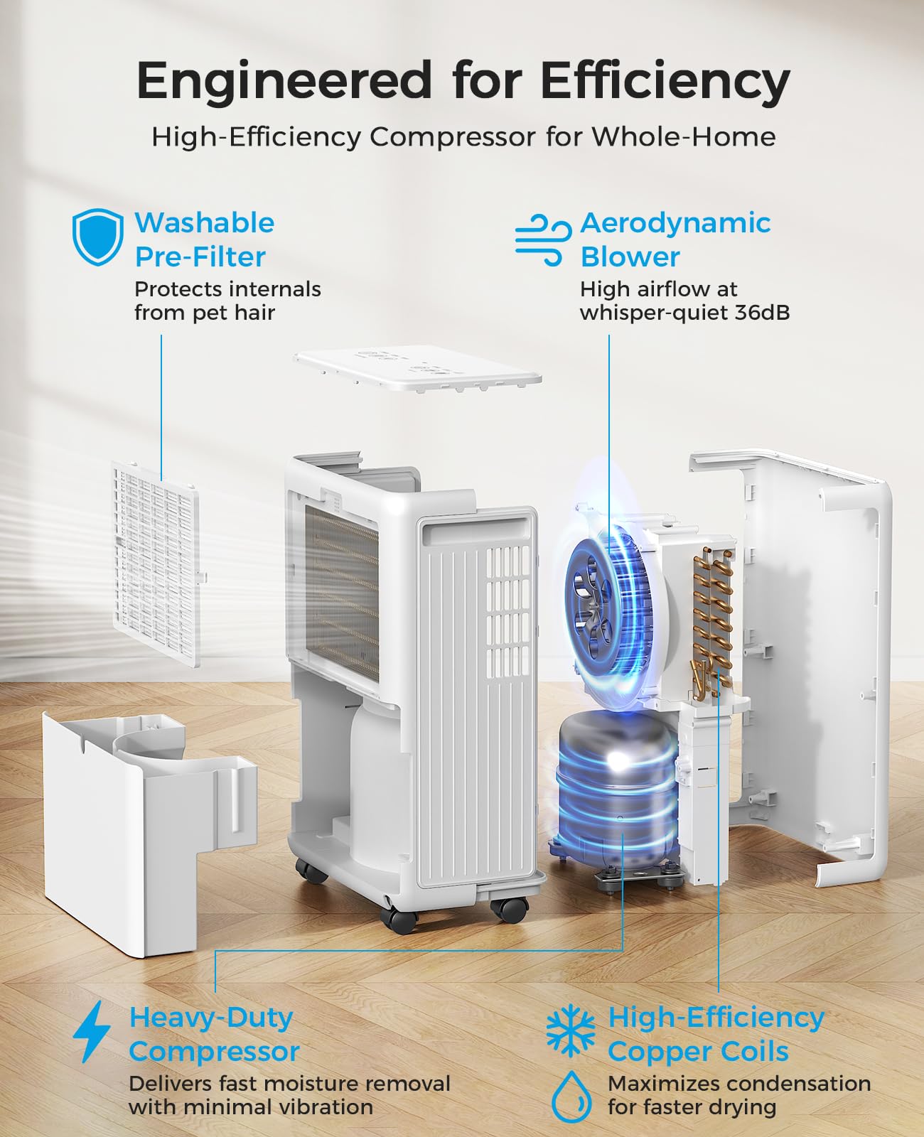 Trazico dehumidifier with drain hose enables continuous drainage for basement or crawl spaces.