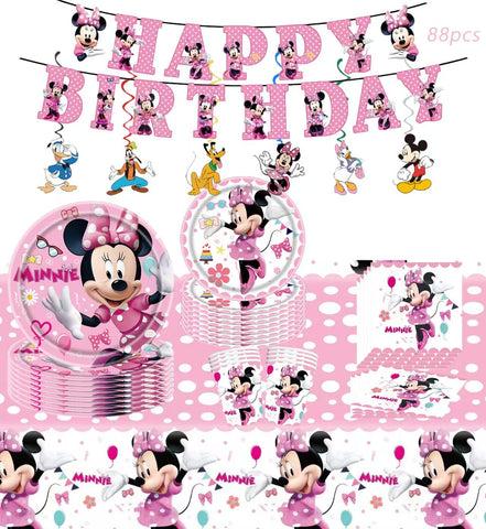 TREANY Minnie banner brightens the party backdrop with pink décor.