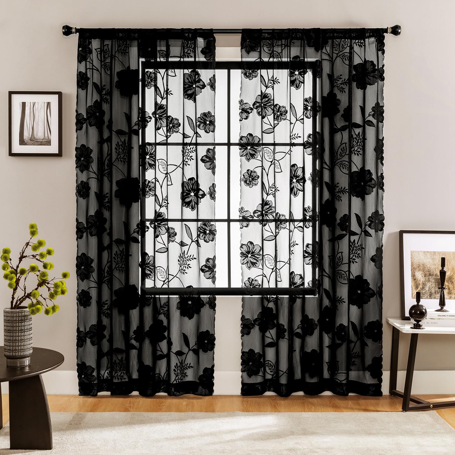 Treatmentex bedroom lace curtains semi-sheer rose pattern filter light softly